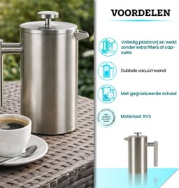 Somstyle French Press Cafetiere - 600 ML - Dubbelwandige Koffiepers - RVS Koffiepot - Verse Koffiemaker - Zilverkleurig — thumbnail 4