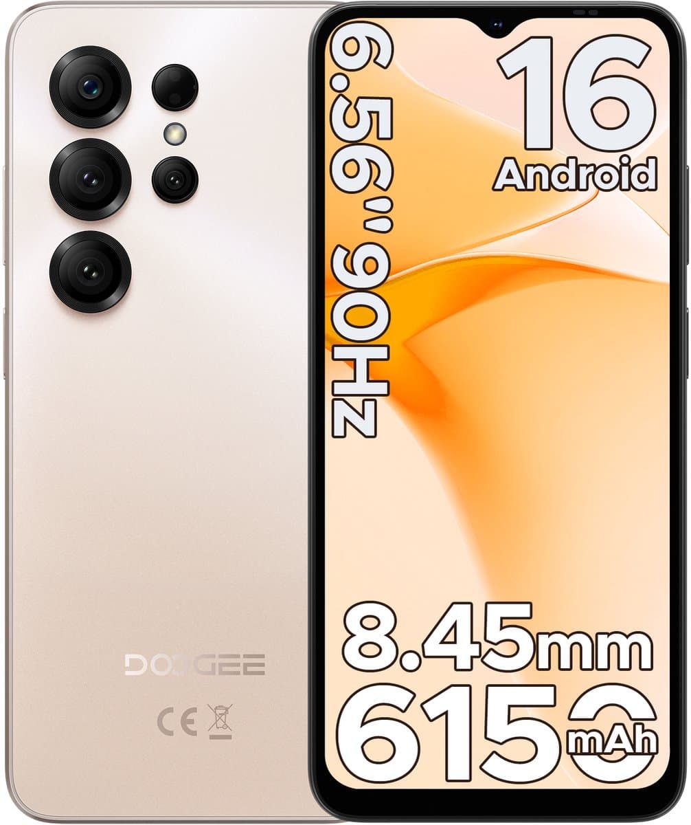 DOOGEE Note 56X - Smartphone - Android 16 - 24 GB RAM + 64 GB ROM / TF 2 TB - Octa core processor - 6,56 inch HD+ 90 Hz - 8 MP camera - 6150 mAh - 4G dual SIM - Face ID - GPS - OTG - Goud — afbeelding 1