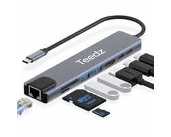 Teedz - USB-C Hub 8-in-1 – USB-C Adapter met HDMI 4K, Ethernet RJ45, 100W Power Delivery, USB 3.0, SD/TF Kaartlezer – Voor Laptop, MacBook, Tablet