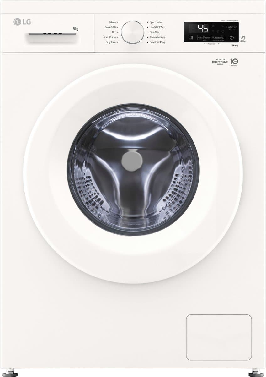 LG F4X1008NWH wasmachine 8 kg met Direct Drive motor voor stille, duurzame prestaties. Spa Steam™ voor hygiënisch wassen. ThinQ slimme bediening. Energie‑label A. Compact design voor dagelijks gemak — afbeelding 1