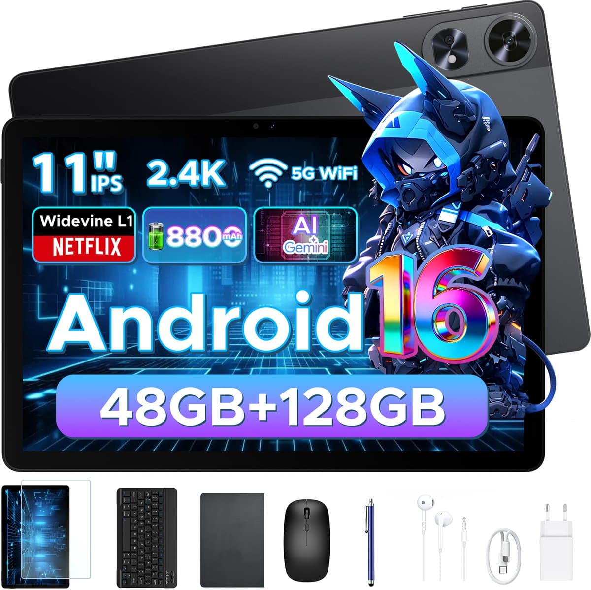 Aorlym P11 Pro - Tablet - 48 GB RAM (8+40 GB) + 128 GB ROM (2 TB/TF) - 11 inch FHD+ 90 Hz - Android 16 - 8800 mAh/18 W - T7250 - Dubbele luidsprekers - Gemini AI - Face ID - Widevine L1 - Complete accessoirebundel met toetsenbord en stylus- Zwart — afbeelding 1
