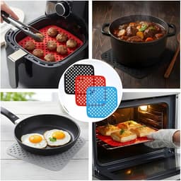 Siliconen Airfryer Liners Set van 3 - Square Mats - 21.5×21.5cm - Herbruikbaar & Anti-aanbak - Hittebestendige Matjes voor Heteluchtfriteuse - voor Dampfkorb en Mikrowellen - Rood, Blauw & Zwart — thumbnail 2