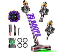 Hiaonyx steelstofzuiger - 8-in-1 steelstofzuiger draadloos - 75000pa -LED Verlichting - Groene Stofdetectielamp - Geschikt voor Tapijten - Harde Vloeren en Dierenharen -2-liter stofopvangbox - paars