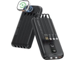 Sounix Powerbank 30.000 mAh - 22.5W Snellader - Ingebouwde kabels - Smartwatch-oplader - USB-A/USB-C/Micro-USB/Lightning - Universeel