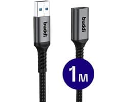 Buddi Flex | USB-A naar USB-A Verlengkabel | USB 3.0 | Female naar Male | Geschikt voor printers, telefoon, USB-sticks, harde schijven en meer | USB Verlengsnoer | Gevlochten Nylon | 1M | Zwart