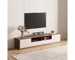 TV-Lowboard 180 cm – Modern Woonkamermeubel met Laden en Open Opbergruimte, Walnootfineer en Wit – Luxe TV-Kast, Multimediaconsole voor Televisie – Abkantoor