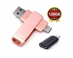 Roze 3 in 1 usb 128gb stick, flashdrive plug & play - multifunctionele usb.USB-C & USB-A & Lightning USB - USB 3.0 - Flash Drive - Universeel - voor Smartphones, Tablets, Laptops etc.voor Iphone 8,10,11,12,13,14,15,.ios,Android opslag