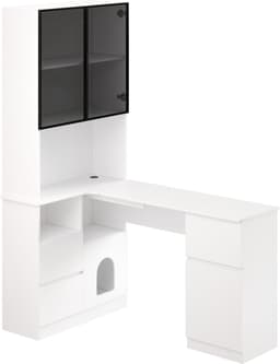 Hoekbureau - Bureau Met LED Vitrinekast En Opbergruimte - 120cm Werkplek Met Kabelmanagement - Incl. Huisdierenverblijf, 3 Lades En 2 Deuren - Wit — thumbnail 4