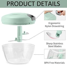 Uienhakker, groentehakker, keukenmachine, groentehakker met deksel (500 ml), BPA-vrij, gemakkelijk schoon te maken, inclusief 3 roestvrijstalen messen. — thumbnail 3