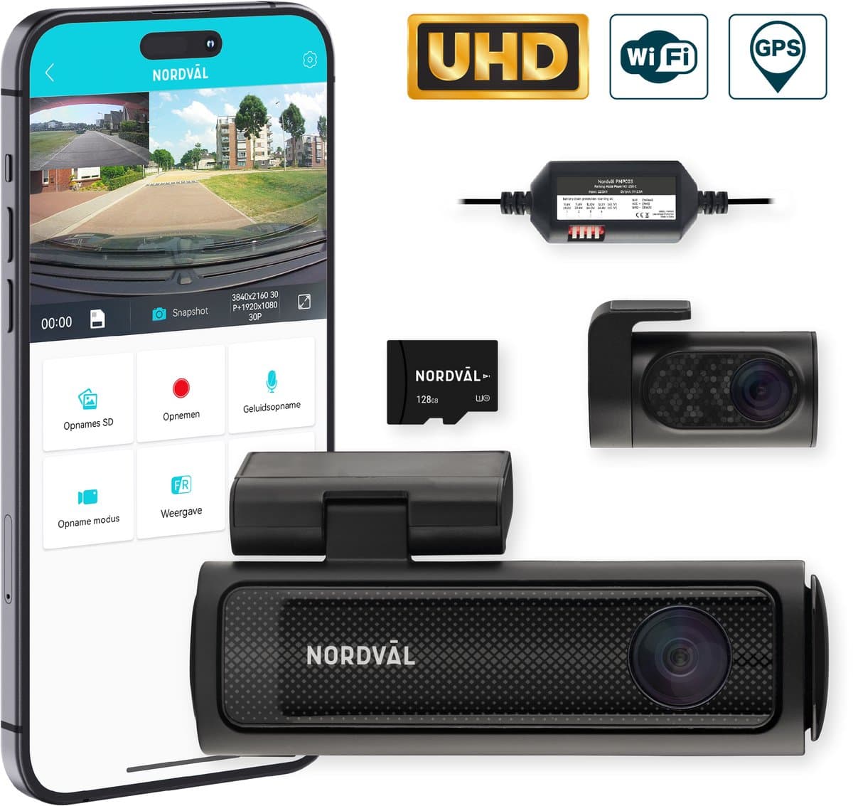 Nordväl DC202-2CH Dashcam – Incl. 128GB SD Kaart & Parkeermodus kabel set – 4K Ultra HD voor en 2K QHD achter – Wifi – GPS – Parkeermodus – Dashcam voor auto - Auto Camera — afbeelding 1