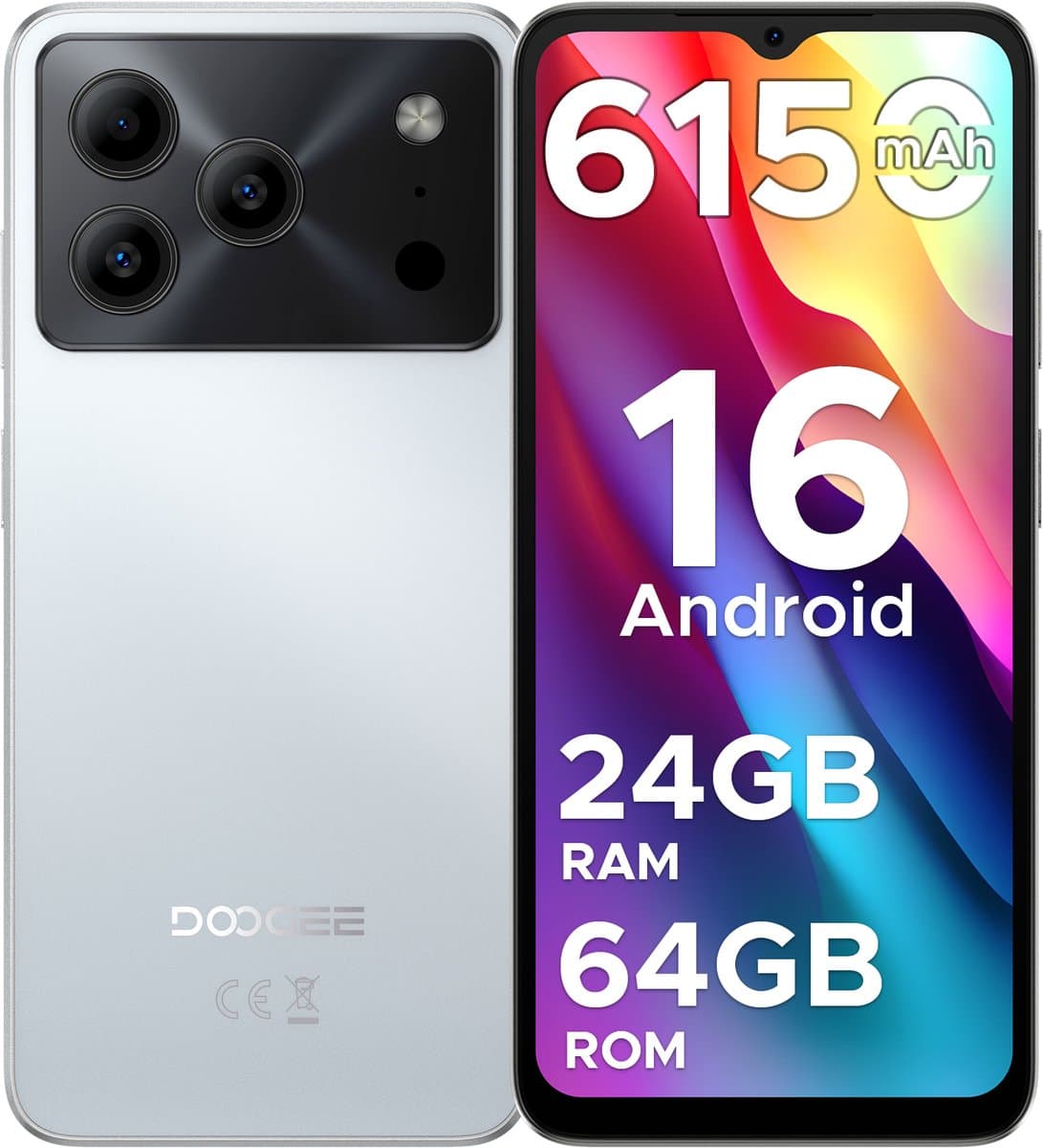 DOOGEE Note 56 - Smartphone - Smartphones - 24G RAM + 64G ROM (2TB/TF) - Android 16- 6150mAh - 6,56 inch + 90Hz - 4G Dual SIM - Face ID - GPS - 3,5mm Koptelefoonaansluiting - Zilver — afbeelding 1