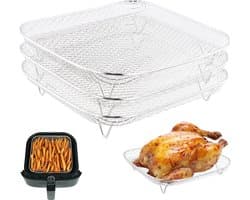 3-delige vierkante airfryer-rekset, gemaakt van 304 roestvrij staal, inclusief stapelbare airfryer-mandjes, geschikt voor koken, bakken en dehydrateren.