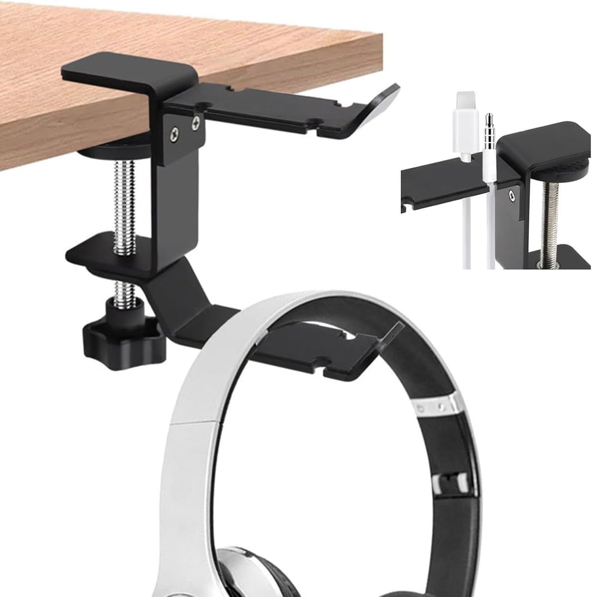 2 stuks Hoofdtelefoonhanger, dubbele haken met 360° draaibaar, vergulde metalen hoofdtelefoonstandaard, boren niet nodig, hoofdtelefoonhouder voor op het bureau, zwart — afbeelding 1