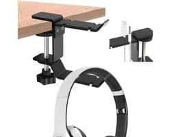 2 stuks Hoofdtelefoonhanger, dubbele haken met 360° draaibaar, vergulde metalen hoofdtelefoonstandaard, boren niet nodig, hoofdtelefoonhouder voor op het bureau, zwart