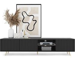 Tv-meubel - Lowboard Kast - Woonkamer Inrichting - Lamellenfront met LED - 175cm Breed - Zwart Goud