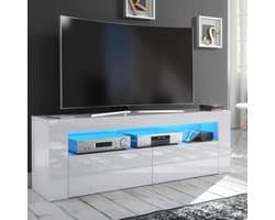 Witte TV-meubel 145cm met Blauwe LED Verlichting - Kast Hifi Audio en Video Opslag