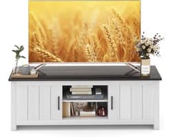 Stijlvolle TV-meubel voor schermen tot 65 inch - Lowboard met 2 kasten en open planken - Wit/Bruin