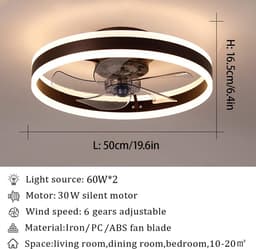 Plafondventilator met Verlichting en Afstandsbediening - Dimbare LED - 6 Snelheden - Stille Zolder/Slaapkamer Ventilator — thumbnail 2