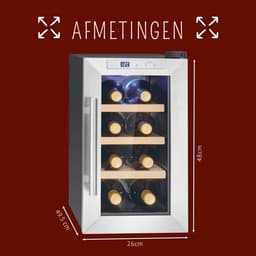 Aurixi® Professionele Horica Minibar Koeling – Wijnkoelkast 23L – Flessenkoelkast met Glazen Deur – Mini Koelkast met Glazen Deur – Kleine Drankenkoelkast – 4 Opslagniveaus Voor 8 Flessen – Minibar - Zwart-inox - 54cm x 30cm x 51cm — thumbnail 4