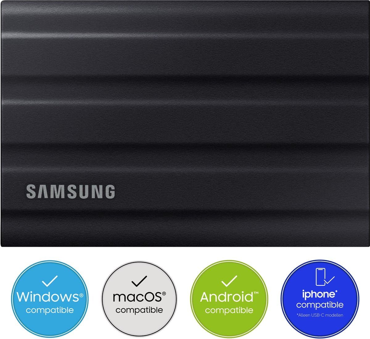 Samsung Portable T7 Shield - Externe SSD - USB C 3.2 - Inclusief USB C en USB A kabel - Geschikt voor iPhone USB C - 1 TB - Zwart — afbeelding 1