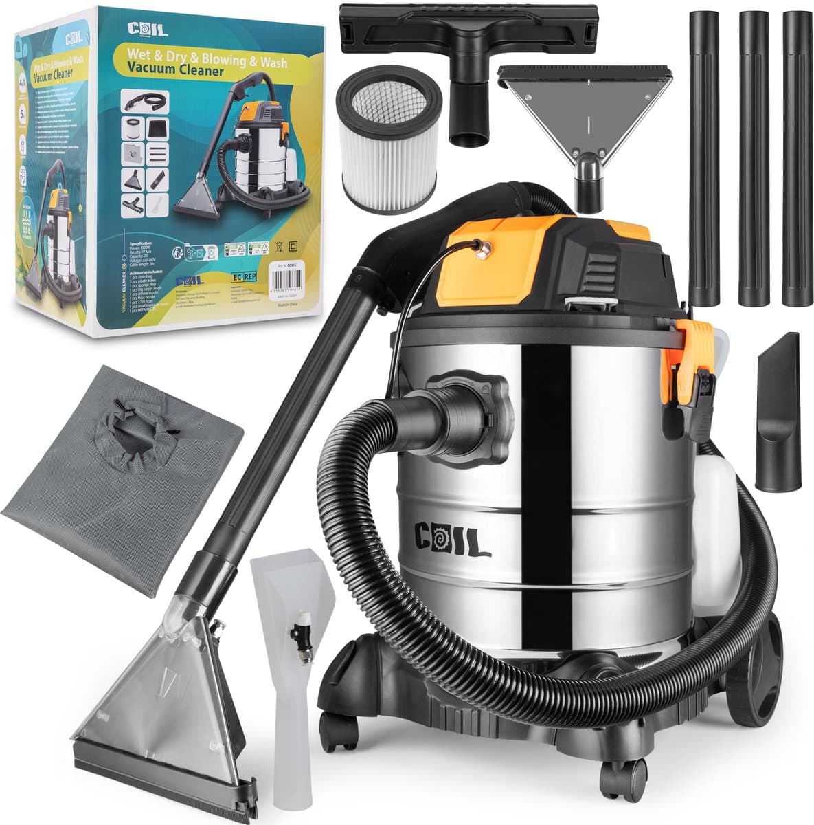 COIL Wasstofzuiger - Voor tapijten en meubelbekleding - 4-in-1 - 25L - Nat- en Droogzuiger + Wasfunctie + Blaasfunctie | Filterreinigingsfunctie I 17 kPa | 5L Detergenttank | HEPA-filter I Accessoires Set — afbeelding 1