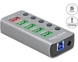 DeLOCK USB hub met 4+1 poorten en aan/uit schakelaars - USB3.0 - externe 12V voeding / grijs - 0,80 meter