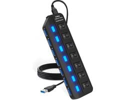 Strex USB 3.0 Hub - 7 Poorten - USB Splitter met Aan/Uit Switch - 5Gbps - 100cm Kabel - Voor Laptop & PC - USB-Hub