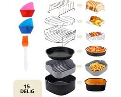 Keukenvriend © Airfryer accessoires - 15 delig - Vierkante Heteluchtfriteuse Accessoires Set - Airfryer Bakjes, Siliconen Bakjes - Grijs