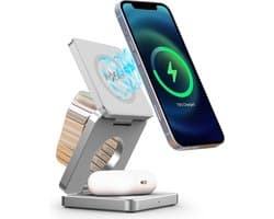 NexGen 3 in 1 Draadloze Oplader - 15W Snellader - Geschikt voor MagSafe, Smartphones, Apple Watch en AirPods - Opvouwbaar Oplaadstation - Wireless Charger - Zilver