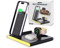 JTEX 4 in 1 Draadloze Oplaadpad – Triolader / Draadloze Oplader / Opvouwbaar / tot 15W / Snelladen / Iphone, Apple, Samsung / Smartwatch, Airpods / met Ambilight / Slim Opladen / Adapter / Telefoonlader