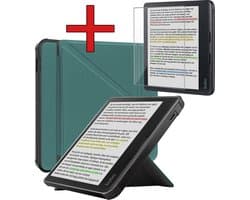 Hoes Geschikt voor Kobo Libra Colour - Met Screenprotector - Luxe E-reader Trifold Case - Bescherm Hoesje Book Cover - Donkergroen