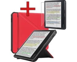 Hoes Geschikt voor Kobo Libra Colour - Met Screenprotector - Luxe E-reader Trifold Case - Bescherm Hoesje Book Cover - Rood