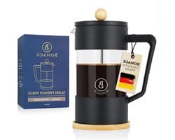 French Press Koffiezetapparaat van borosilicaatglas zwart met bamboe-elementen - inclusief cliplepel van roestvrij staal, reinigingsborstel en 2 reservefilters - voor 6 kopjes 1 liter