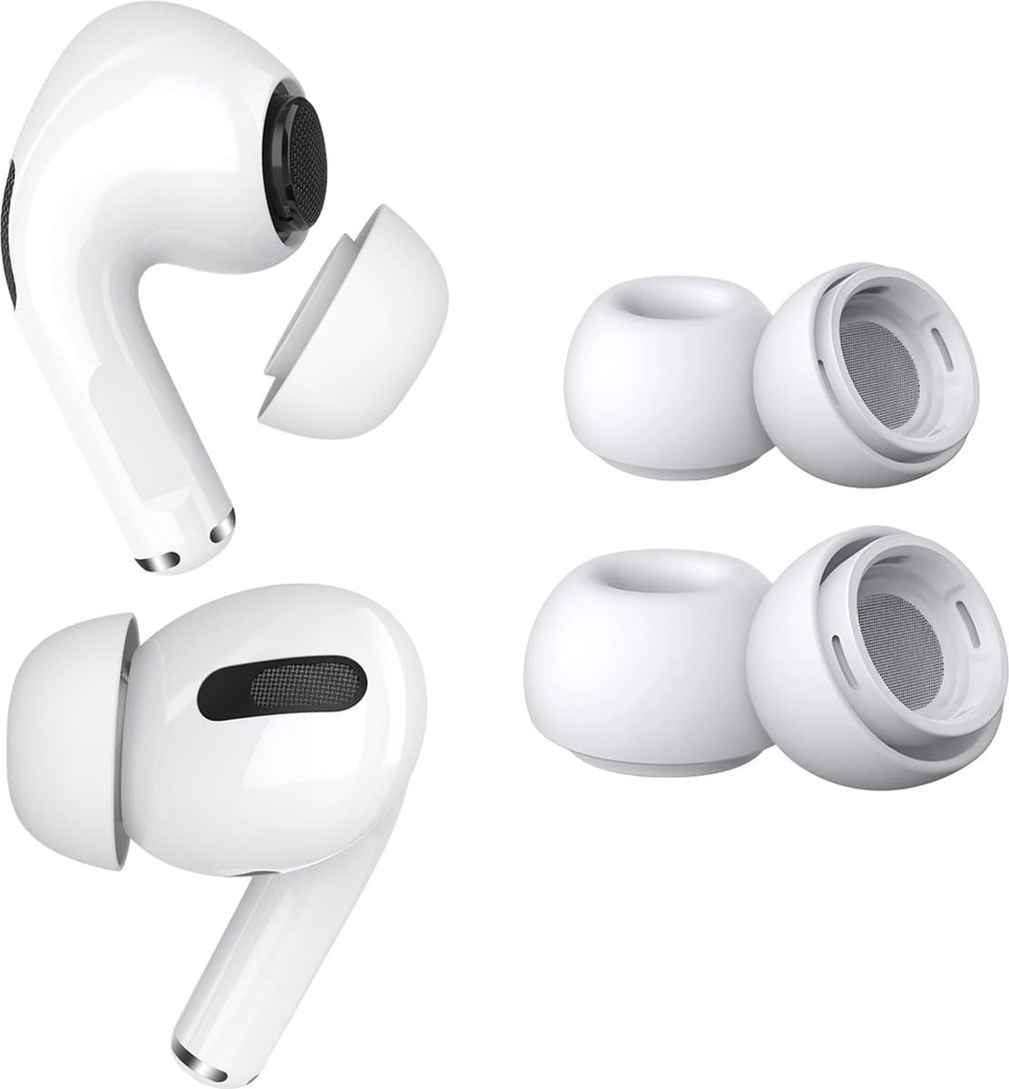 MMOBIEL 2 Paar Vervangende Oordopjes Tips Geschikt voor AirPods Pro Gen 1 & 2 - Antislip Siliconen Oordopjes met Ruisonderdrukkingsgat, Draagbare Opbergdoos en Passen in Oplaadcase – 1x S, 1x M – Wit — afbeelding 1