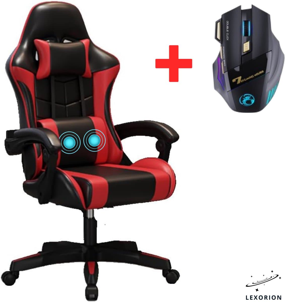 Lexorion Gaming Stoel – Ergonomische Gaming Chair – Inclusief RGB Gamingmuis – Verstelbaar – Lederen Gamestoel – 136 kg – Rood– Bureaustoel — afbeelding 1