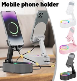 Draadloze inductie-audio-Bluetooth-luidspreker, 5-in-1 telefoonhouder, oplaadbaar voor noodgevallen met kleurrijk omgevingslicht - Bluetooth-vrije tabletstandaard met automatische verbinding, 360° geluid en RGB-verlichting (roze) — thumbnail 5