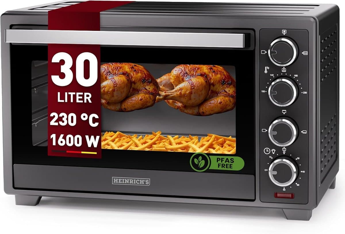 Heinrich´s HMO 8401 Mini-oven met hete lucht - 30L - kleine oven met draaispit, airfryer-inzetstuk – binnenverlichting - 1600W — afbeelding 1