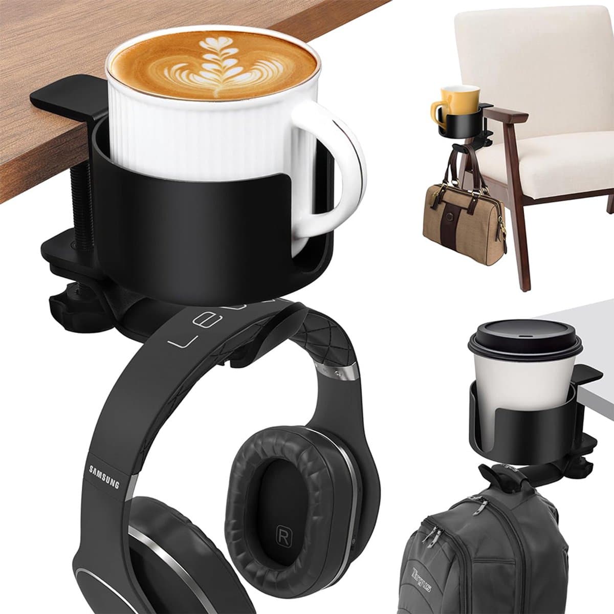 2-in-1 Koptelefoon Houder en bekerhoudertafel - Headset Haak - Hoofdtelefoon Hanger - Bureau - Metaal - Zwart — afbeelding 1