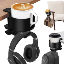 2-in-1 Koptelefoon Houder en bekerhoudertafel - Headset Haak - Hoofdtelefoon Hanger - Bureau - Metaal - Zwart — thumbnail 1