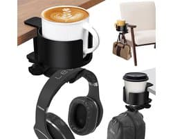 2-in-1 Koptelefoon Houder en bekerhoudertafel - Headset Haak - Hoofdtelefoon Hanger - Bureau - Metaal - Zwart