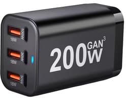 GaN3 200W - USB‑C - USB-A - Snellader – Desktop Oplader - 100W PD Fast Charging – Voor Laptop & Smartphone