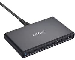 GaN3 455W - Ultra Dun - USB‑C - USB-A - Snellader – Desktop Oplader - 100W PD Fast Charging – Voor Laptop & Smartphone