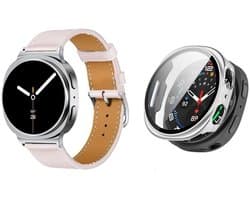Strap-it Bundel – Leren Smartwatch Band met Gespsluiting (Roze) + Hard Case met Screenprotector Glas (Zilver) geschikt voor Samsung Galaxy Watch 8 (40mm)