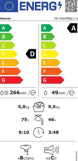 Hoover H-WASH&DRY 500 HD 495AMBS/1-S Was-droogcombinatie Vrijstaand Voorbelading Wit D — thumbnail 2