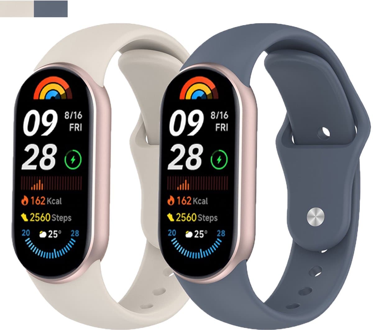 Stravo 2-Pack Siliconen bandjes Geschikt voor Xiaomi Smart Band 10 (Xiaomi Mi Band 10) / Xiaomi Smart Band 9 (Xiaomi Mi Band 9) / Xiaomi Smart Band 8 (Xiaomi Mi Band 8) - 2-pack Klassiek Sportief Siliconen Horlogebandje - Blauw + Starlight — afbeelding 1