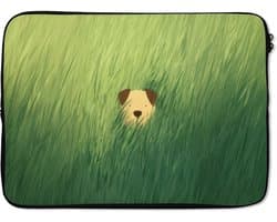 Laptophoes 14 inch - Hondje - Gras - Oren - Bruin - Laptop sleeve - Binnenmaat 33x23 cm - Zwarte achterkant