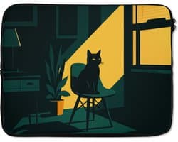 Laptophoes 15.6 inch - Zwarte kat - Mysterieus - Gele instraal - Laptop sleeve - Binnenmaat 37x26 cm - Zwarte achterkant