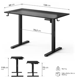 SENSE7 NOJO LIGHT - Zit Sta Bureau - 120 cm x 60 cm - Elektrisch bureau - Verstelbare bureau - Elektrische Hoogteverstelling - Hoogte 72-118 cm - Intelligent Bedieningspaneel - Zwart — thumbnail 2