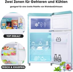 Retro koelkast, koelkast met dubbele deur boven en onder, totale inhoud 72 liter, met 21 liter vriescapaciteit, 120 kWh/jaar, led-verlichting. Verkrijgbaar in diverse kleuren. [Energieklasse E] — thumbnail 4