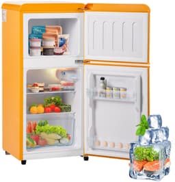 Retro koelkast. Vriescombinatie. 86,8 cm hoog, 45,5 cm breed, tweedeurs, met een totaal volume van 60 liter en een vriescapaciteit van 22 liter. 102 kWh/jaar, -27°C ~ 13°C, led-verlichting. Premium geel energieklasse E — thumbnail 1